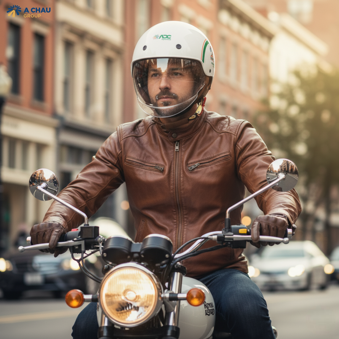 Top 7 lý do chọn mũ bảo hiểm quà tặng khách hàng cuối năm 1 Ảnh khách hàng đang đội mũ bảo hiểm in logo công ty trên đường phố.