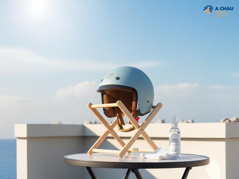 5 bước vệ sinh mũ bảo hiểm đúng cách tại nhà 3 Phơi mũ ở nơi thoáng mát, tránh ánh nắng gắt để không làm biến dạng nhựa.