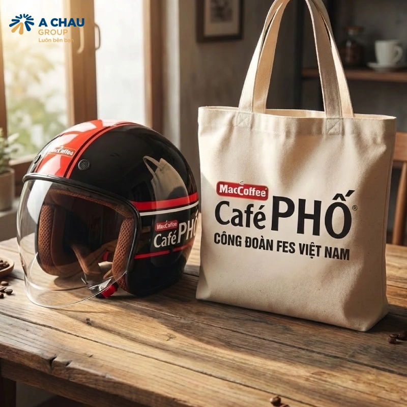 Set mũ bảo hiểm in logo + túi vải 