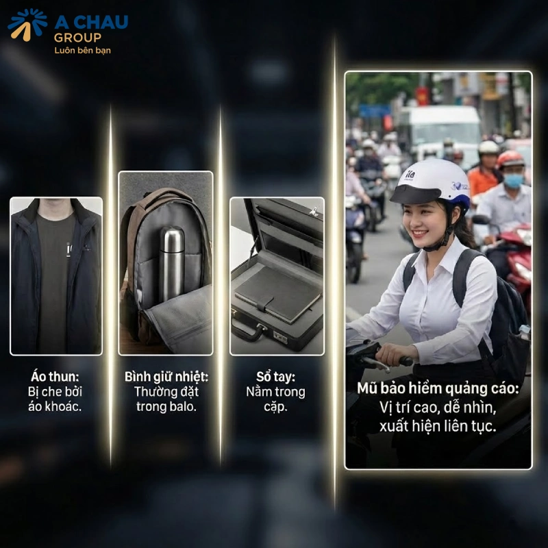 So sánh mũ bảo hiểm quảng cáo với các quà tặng khác về khả năng hiển thị thương hiệu