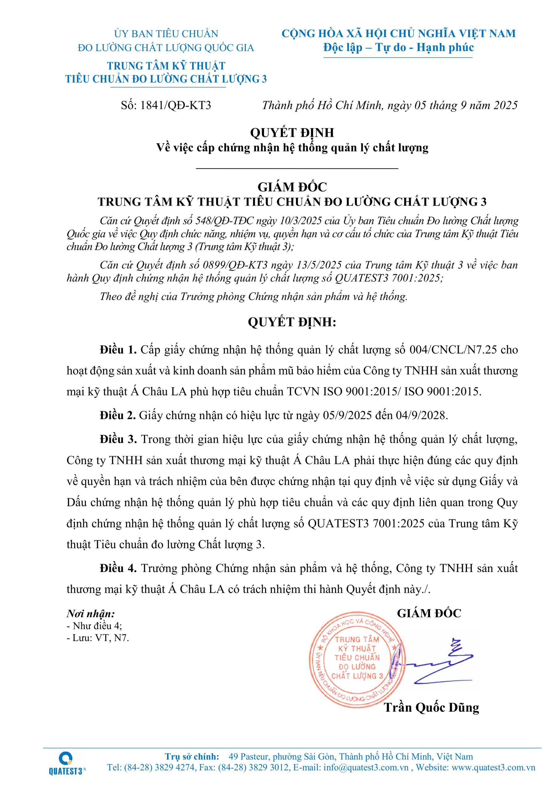 Giấy chứng nhận Á Châu đạt chuẩn