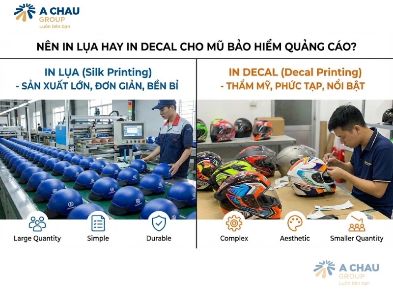 Nên in lụa hay in decal cho mũ bảo hiểm quảng cáo?