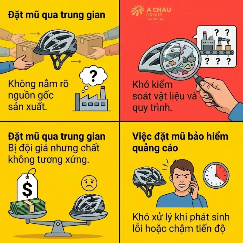 Những sai lầm khi chọn mũ bảo hiểm quảng cáo và cách tránh 5 Đặt mũ qua trung gian, không kiểm soát được chất lượng