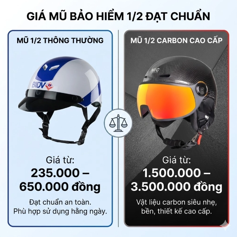 Giá mũ bảo hiểm 1/2 đạt chuẩn hiện hành hiện nay tại Việt Nam