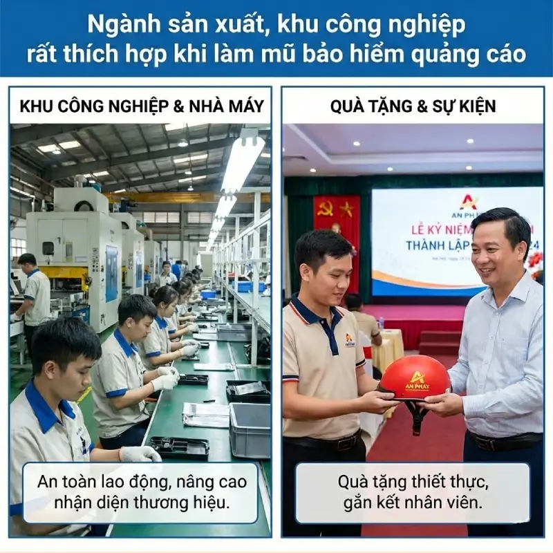Những ngành nghề phù hợp nhất với mũ bảo hiểm quảng cáo 10 Ngành sản xuất, khu công nghiệp và doanh nghiệp đặc biệt phù hợp với mũ bảo hiểm quảng cáo