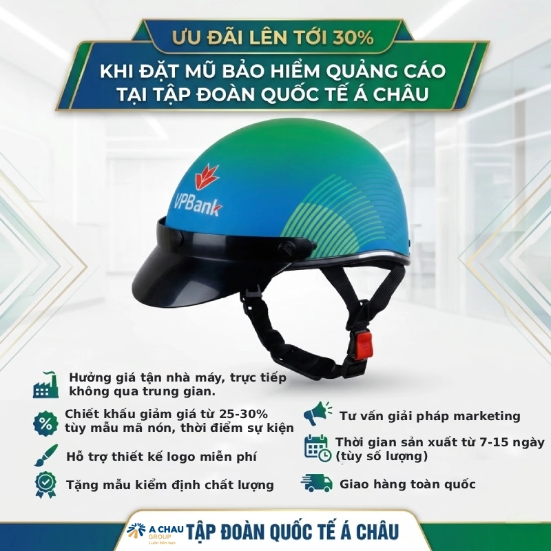 Nón bảo hiểm quảng cáo giảm đến 30% 6 Ưu đãi lên tới 30% khi đặt nón bảo hiểm quảng cáo tại Tập đoàn quốc tế Á Châu