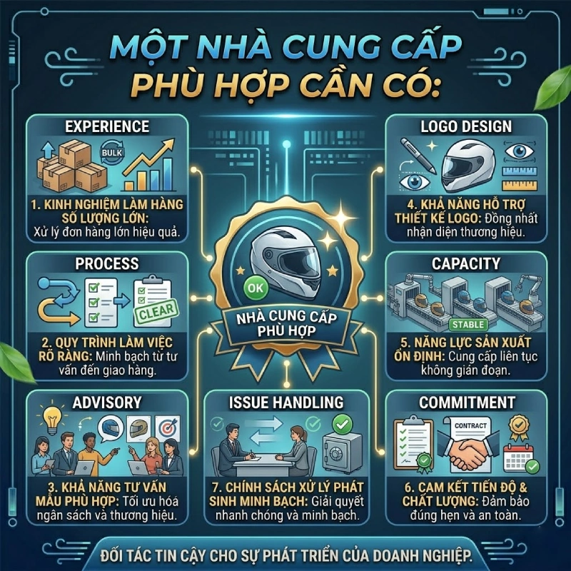 9 lưu ý khi đặt nón bảo hiểm in logo số lượng lớn 9 Chọn nhà cung cấp có kinh nghiệm làm đơn hàng doanh nghiệp