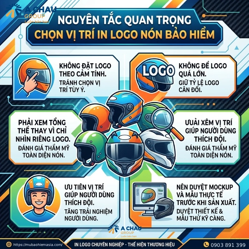Những nguyên tắc quan trọng khi chọn vị trí in logo trên nón bảo hiểm