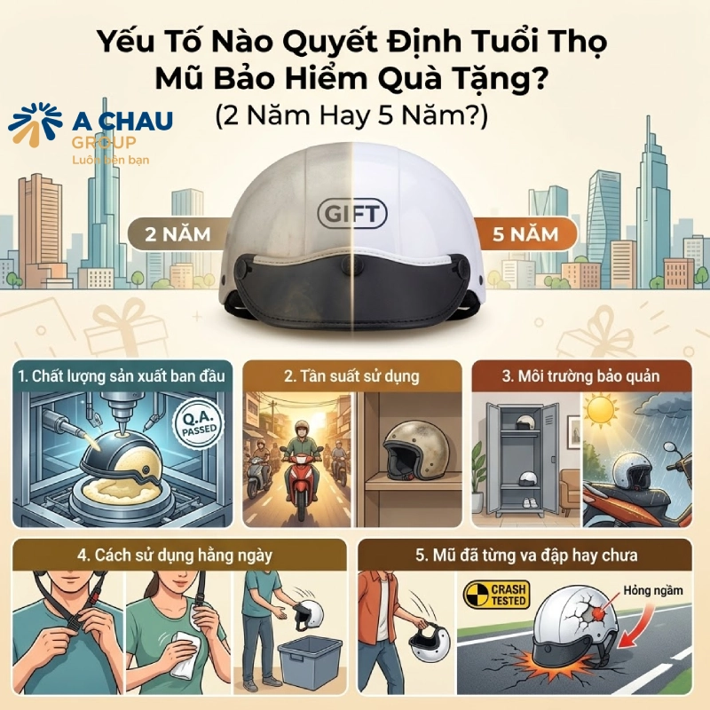 Những yếu tố quyết định mũ bảo hiểm quà tặng dùng được 2 năm hay 5 năm.