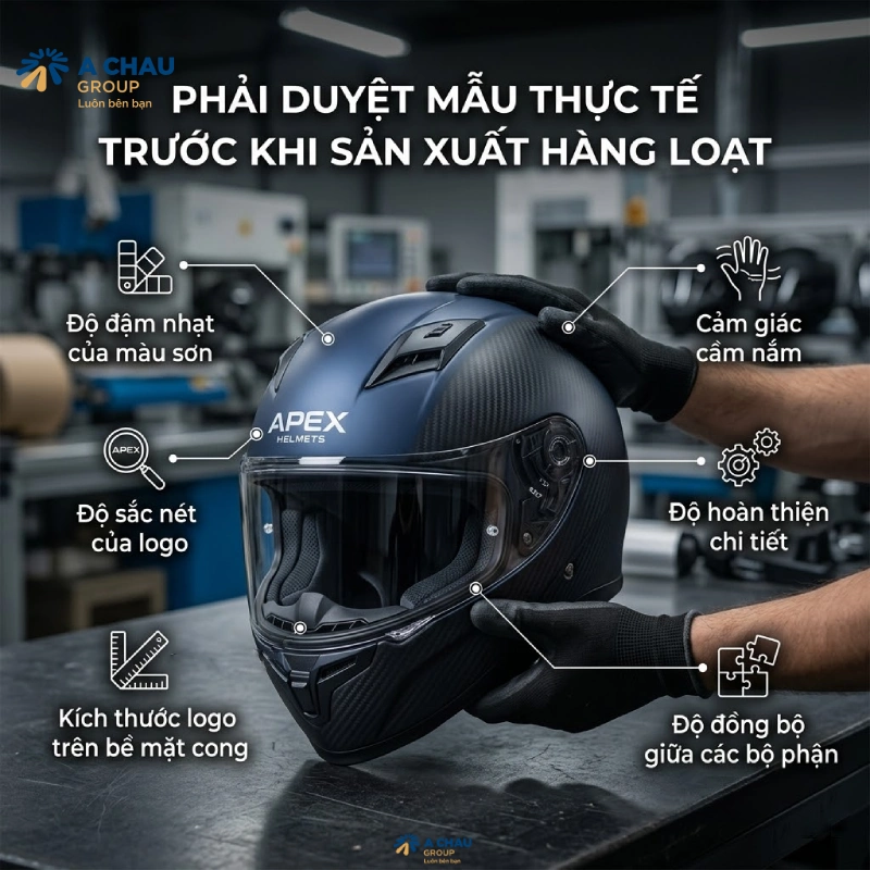 9 lưu ý khi đặt nón bảo hiểm in logo số lượng lớn 6 Phải duyệt mẫu thực tế trước khi sản xuất hàng loạt