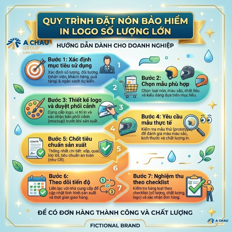 9 lưu ý khi đặt nón bảo hiểm in logo số lượng lớn 10 Quy trình đặt nón bảo hiểm in logo số lượng lớn doanh nghiệp nên áp dụng