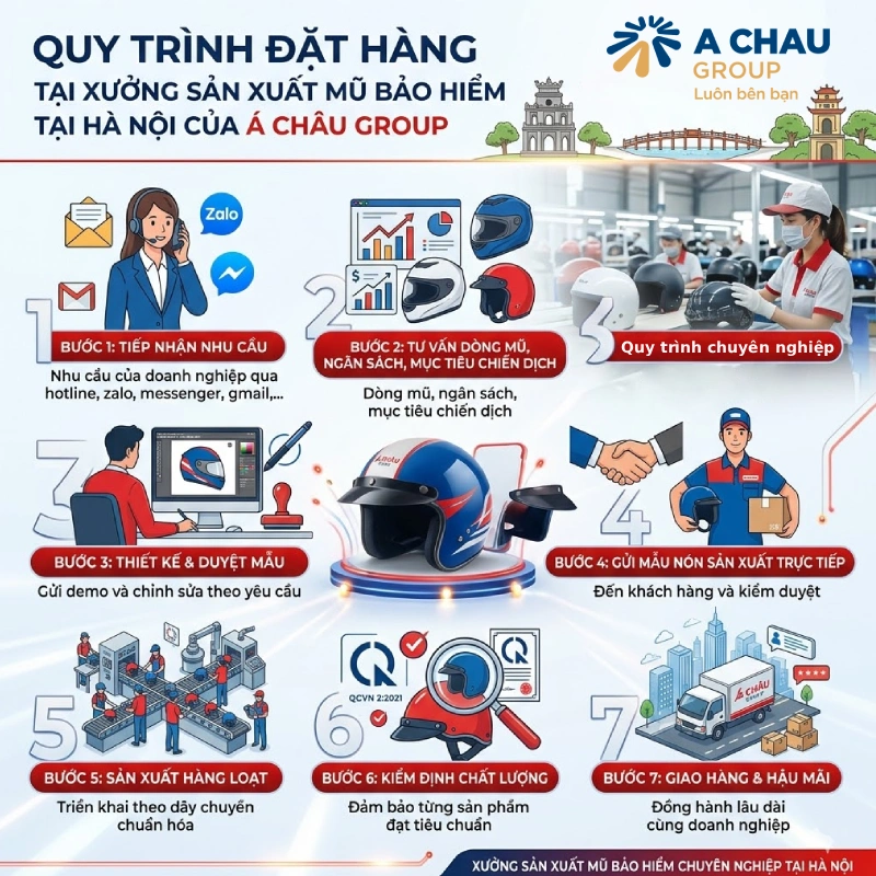 Quy trình đặt hàng tại xưởng sản xuất mũ bảo hiểm tại Hà nội của Á Châu Group