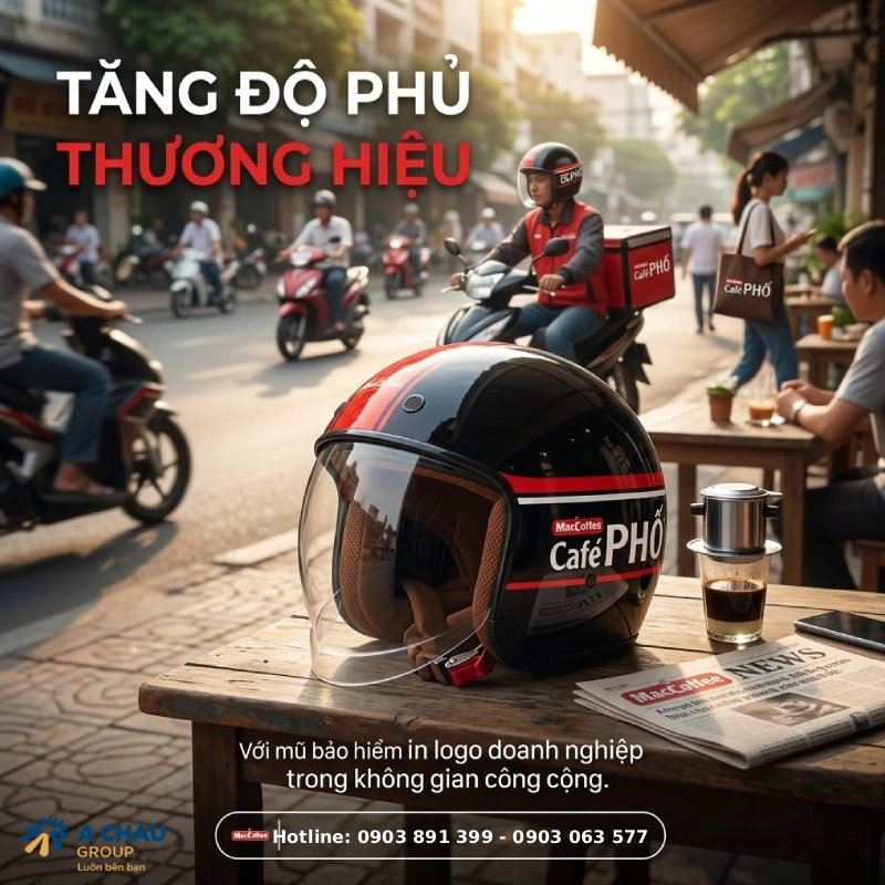 Mũ bảo hiểm in logo thương hiệu Tăng độ phủ thương hiệu trong không gian công cộng