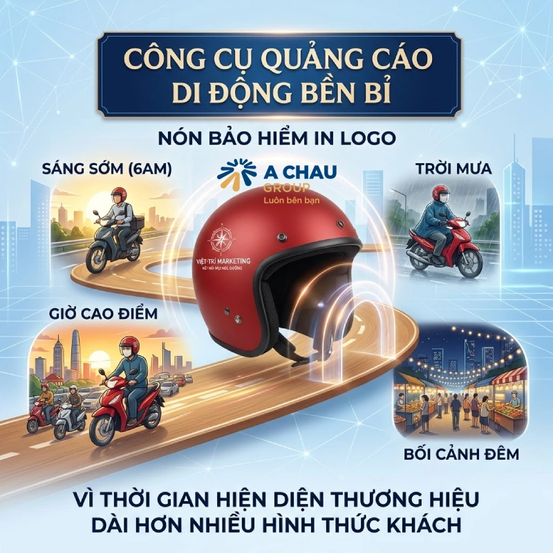 Nón bảo hiểm in logo là công cụ quảng cáo di động hiệu quả Vì thời gian hiện diện thương hiệu dài hơn nhiều hình thức quảng cáo khác