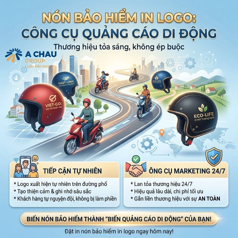 Nón bảo hiểm in logo là công cụ quảng cáo di động hiệu quả Vì thương hiệu được tiếp cận theo cách tự nhiên, không ép buộc