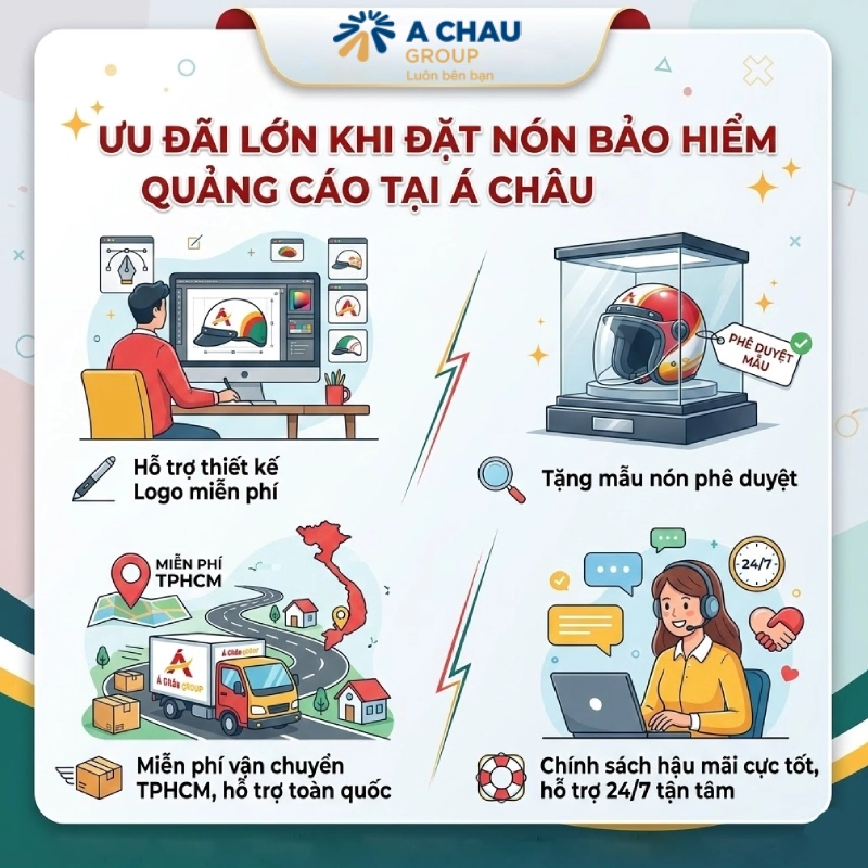 Nón bảo hiểm quảng cáo giảm đến 30% 40 Ưu đãi cho doanh nghiệp khi đặt nón bảo hiểm quảng cáo tại Á Châu