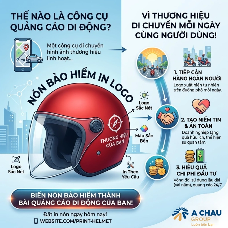 Nón bảo hiểm in logo là công cụ quảng cáo di động hiệu quả Vì thương hiệu di chuyển mỗi ngày cùng người dùng