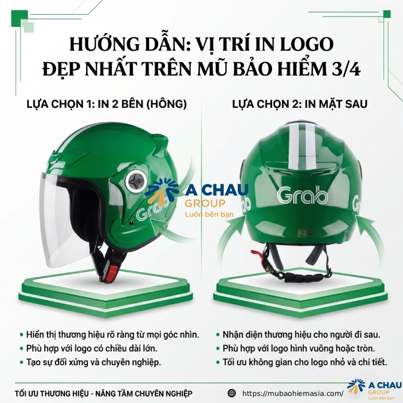 Với nón bảo hiểm 3/4 vị trí in logo 2 bên và phía sau
