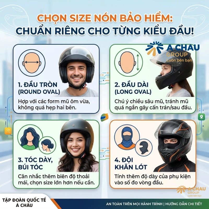Chọn size nón bảo hiểm theo từng kiểu đầu