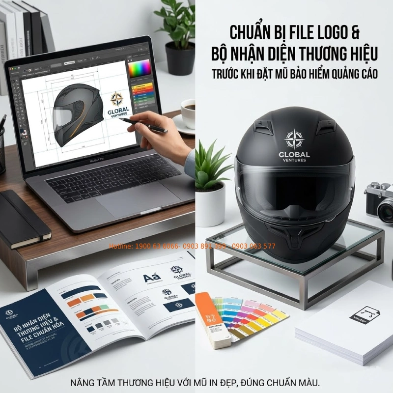 Khách hàng cần chuẩn bị gì trước khi đặt mũ bảo hiểm quảng cáo? 5 Khách hàng cần chuẩn bị gì trước khi đặt mũ bảo hiểm quảng cáo? File logo và bộ nhận diện phải được chuẩn hóa
