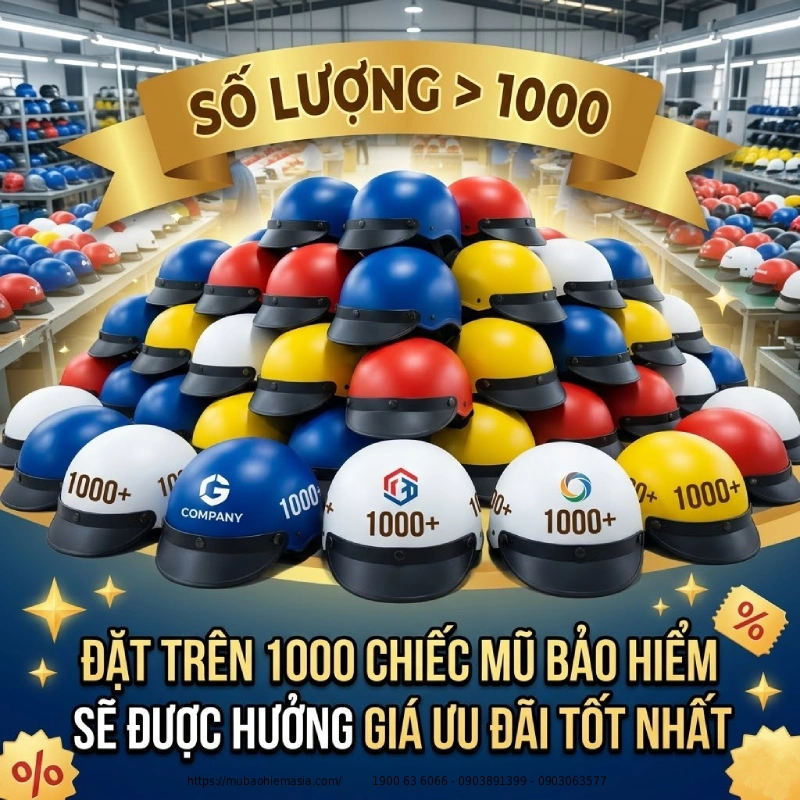 Nên đặt nón bảo hiểm in logo số lượng bao nhiêu để giá tốt cho doanh nghiệp.  Đặt trên 1.000 chiếc trở lên được hưởng giá tốt nhất