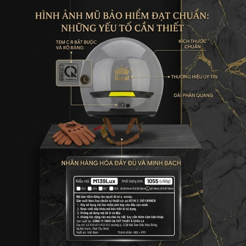 Hình ảnh mũ bảo hiểm đạt chuẩn cần thể hiện những gì?