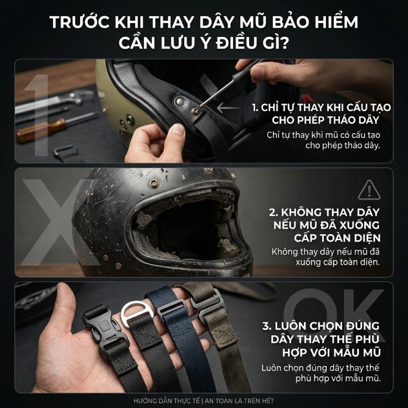 Trước khi thay dây mũ bảo hiểm cần lưu ý điều gì?