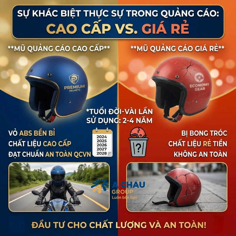 Mũ bảo hiểm quảng cáo cao cấp có thời gian sử dụng 2-4 năm trong khi mũ giá rẻ chỉ vài lần
