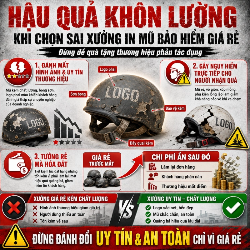  Hậu quả khôn lường khi chọn sai xưởng in mũ bảo hiểm giá rẻ