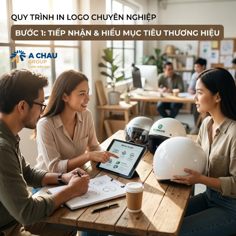 Quy trình in logo lên mũ bảo hiểm quảng cáo Bước 1: Tiếp nhận yêu cầu và hiểu đúng mục tiêu thương hiệu