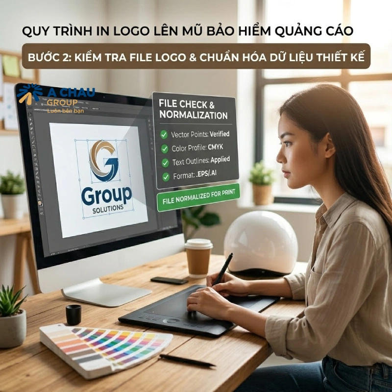Quy trình in logo lên mũ bảo hiểm quảng cáo Bước 1: Bước 2: Kiểm tra file logo và chuẩn hóa dữ liệu thiết kế