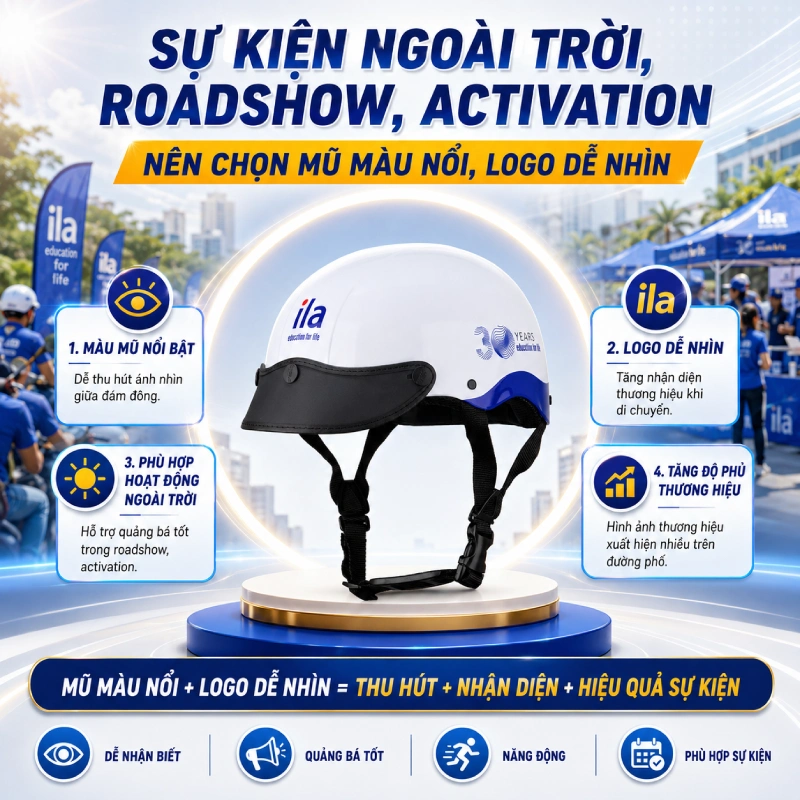 Nón bảo hiểm in logo cho sự kiện ngoài trời, roadshow, activation: nên chọn mũ màu nổi, logo dễ nhìn