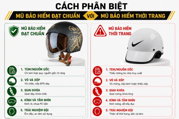 Cách phân biệt mũ bảo hiểm đạt chuẩn với mũ bảo hiểm thời trang