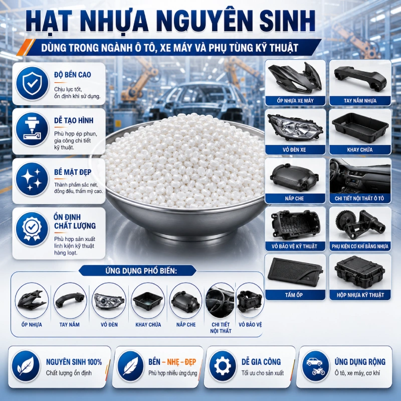 Hạt nhựa nguyên sinh dùng để làm gì? Dùng trong ngành ô tô, xe máy và phụ tùng kỹ thuật