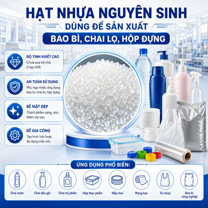 Hạt nhựa nguyên sinh dùng để làm gì? Dùng để sản xuất bao bì, chai lọ, hộp đựng