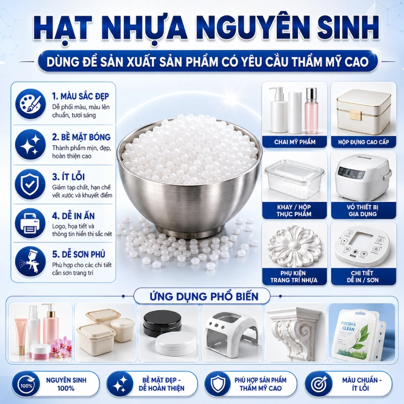 Hạt nhựa nguyên sinh dùng để làm gì? Dùng để sản xuất sản phẩm có yêu cầu thẩm mỹ cao