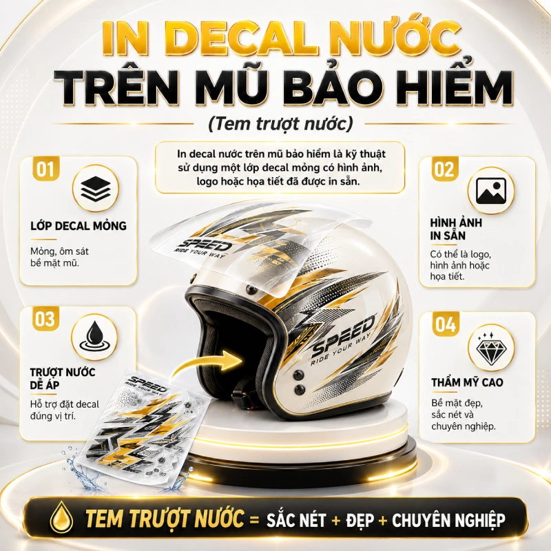 In decal nước trên mũ bảo hiểm (tem trượt nước) là kỹ thuật sử dụng một lớp decal mỏng có hình ảnh, logo hoặc họa tiết đã được in sẵn