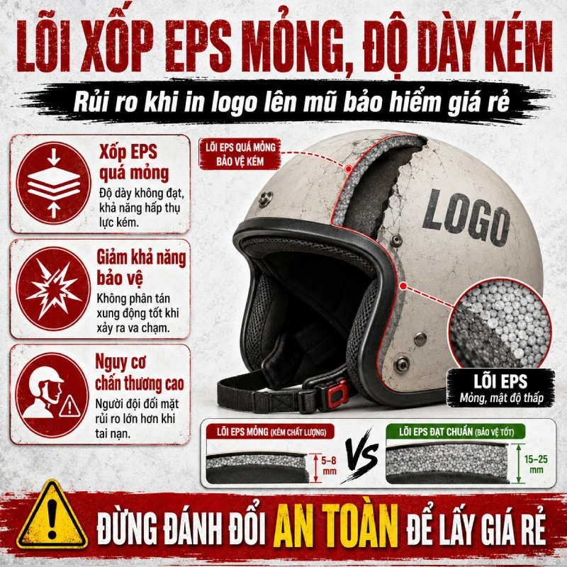 In logo lên mũ bảo hiểm giá rẻ có đảm bảo chất lượng? không vì Lõi xốp EPS mỏng, độ dày kém