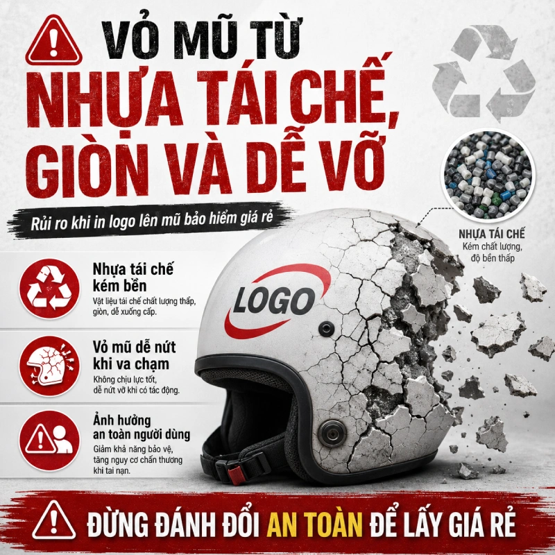 In logo lên mũ bảo hiểm giá rẻ có đảm bảo chất lượng? kHÔNG vì vỏ mũ được làm từ vật liệu kém chất lượng