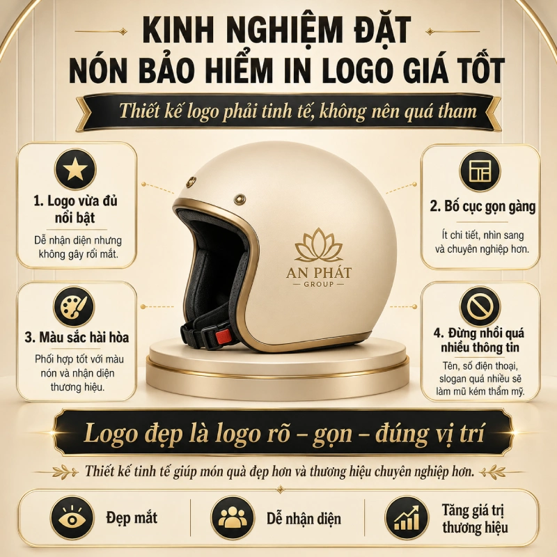 Kinh nghiệm đặt nón bảo hiểm in logo giá tốt là Thiết kế logo phải tinh tế, không nên quá tham