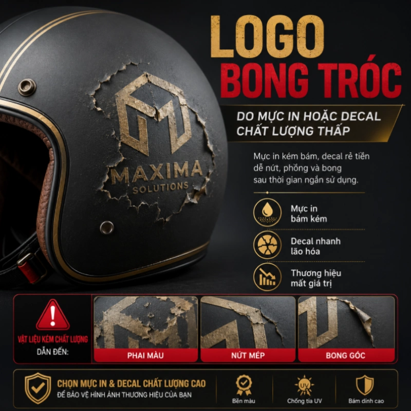 Logo in trên mũ bảo hiểm bị bong tróc do Mực in hoặc vật liệu decal chất lượng thấp