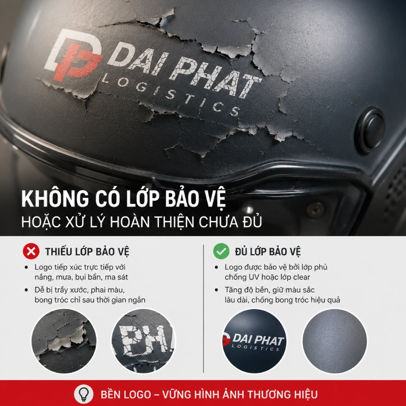 Logo in trên mũ bảo hiểm bị bong tróc do Không có lớp bảo vệ hoặc xử lý hoàn thiện chưa đủ