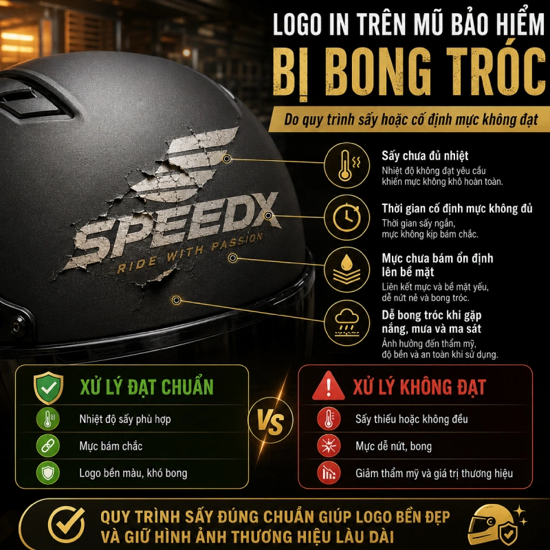 Logo in trên mũ bảo hiểm bị bong tróc do Quy trình sấy hoặc cố định mực không đạt
