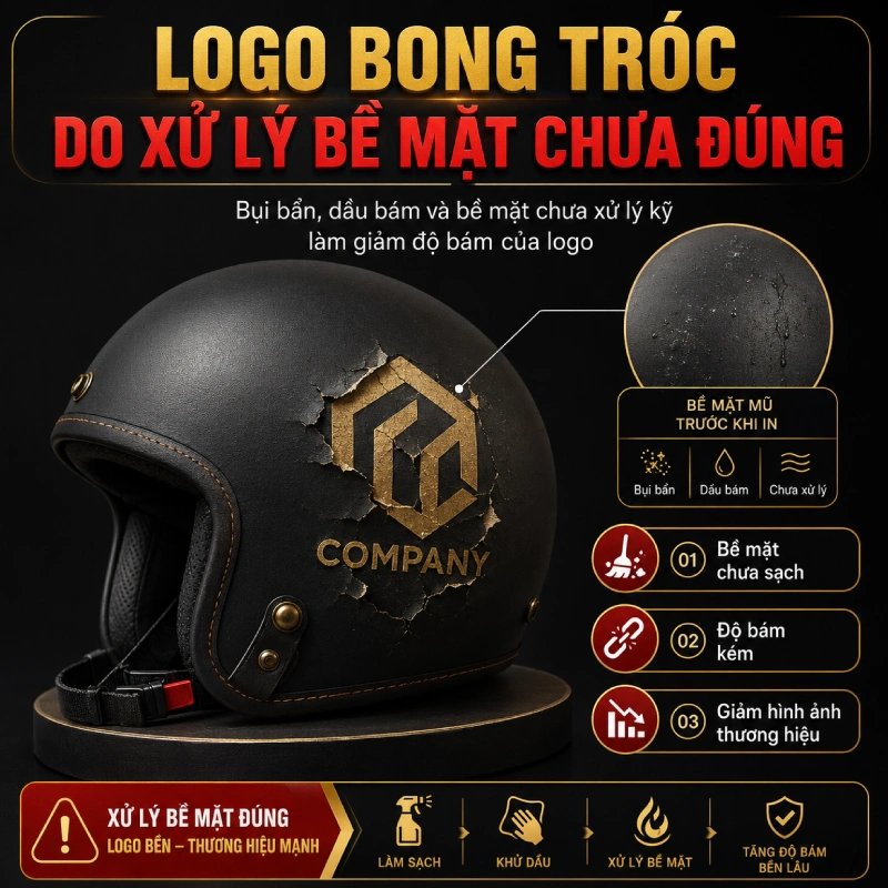 logo in trên mũ bảo hiểm bị bong tróc do xử lý bề mặt mũ chưa đúng