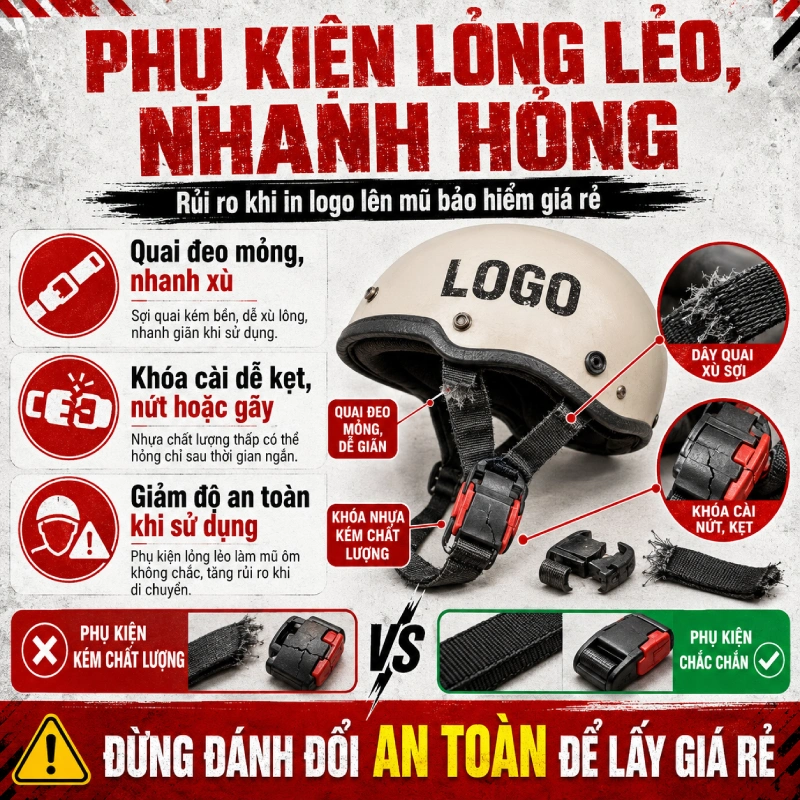 In logo lên mũ bảo hiểm giá rẻ có đảm bảo chất lượng? kHÔNG vì Phụ kiện lỏng lẻo, nhanh hỏng