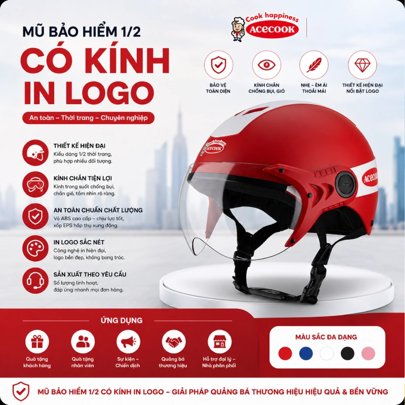 Mũ bảo hiểm 1/2 có kính in logo
