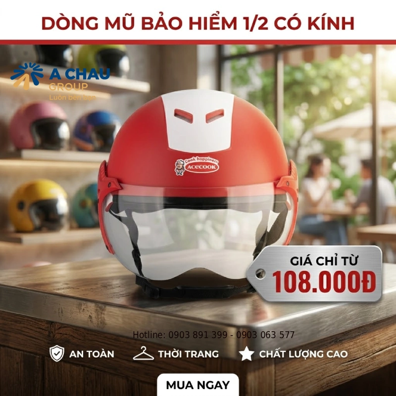 Mũ bảo hiểm quảng cáo có kính giá bao nhiêu? Dòng mũ 1/2 có kính giá từ 108.000