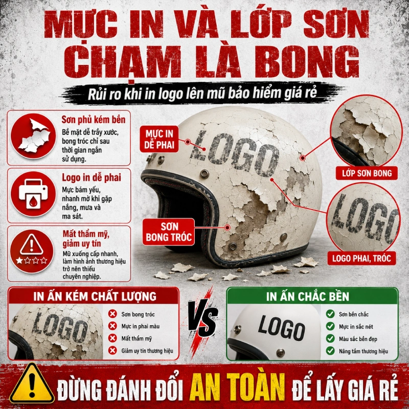 In logo lên mũ bảo hiểm giá rẻ có đảm bảo chất lượng? kHÔNG vì Mực in và lớp sơn “chạm là bong”