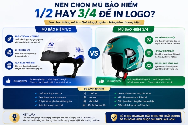 Doanh nghiệp nên chọn mũ bảo hiểm 1/2 hay 3/4 để in logo?