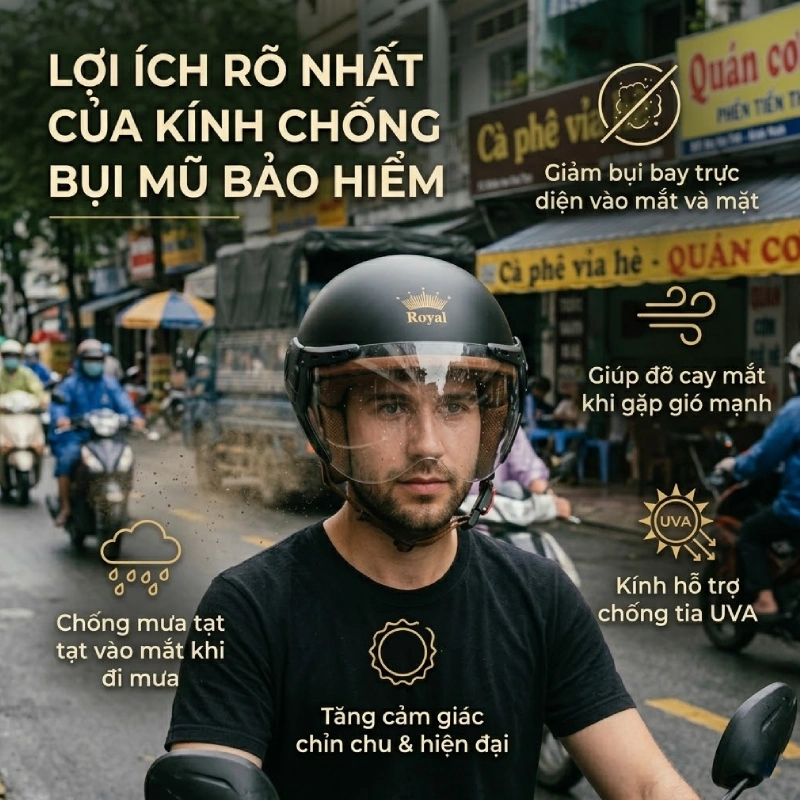Lợi ích rõ nhất của kính chống bụi mũ bảo hiểm